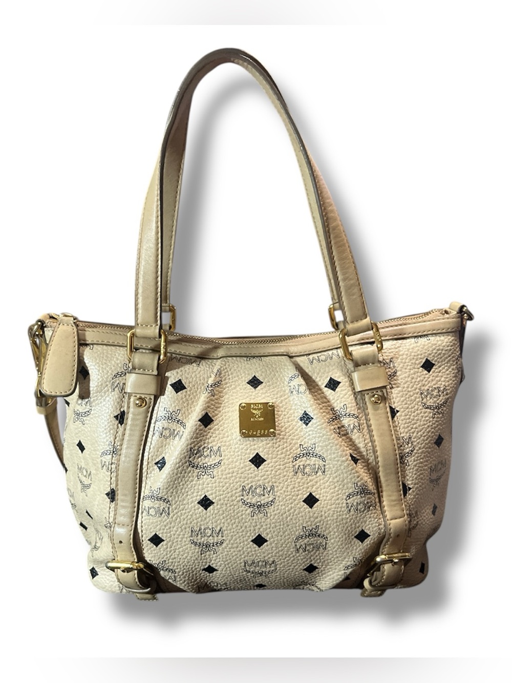 MCM Visetos Medium Joy Tote Beige Monogram Crossbody Bag